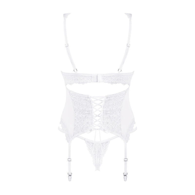 Obsessive, Amor Blanco hvid corsage sæt - Elegant hvid corsage i blonder & mesh + g-streng. Sublim komfort & pasform. Love-lingeri.dk.