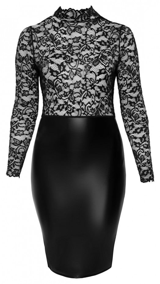Noir Handmade, Curve pencil kjole - Moderne Elegant Noir-kjole fusionerer blonder med wetlook-detaljer. Den har krave og en bagpå-slids, som skulpturerer silhuetten. Perfekt til festlige lejligheder, den står ud med sin unikke, dristige æstetik.